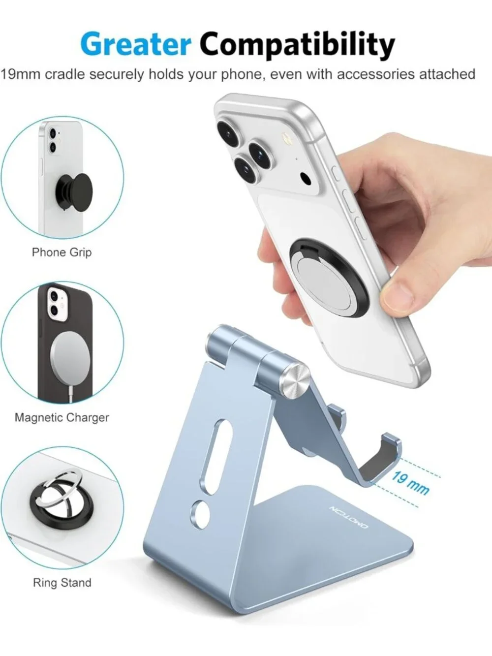 Adjustable Aluminum Cell Phone Stand, Anti-Slip Base, Convenient Charging Port